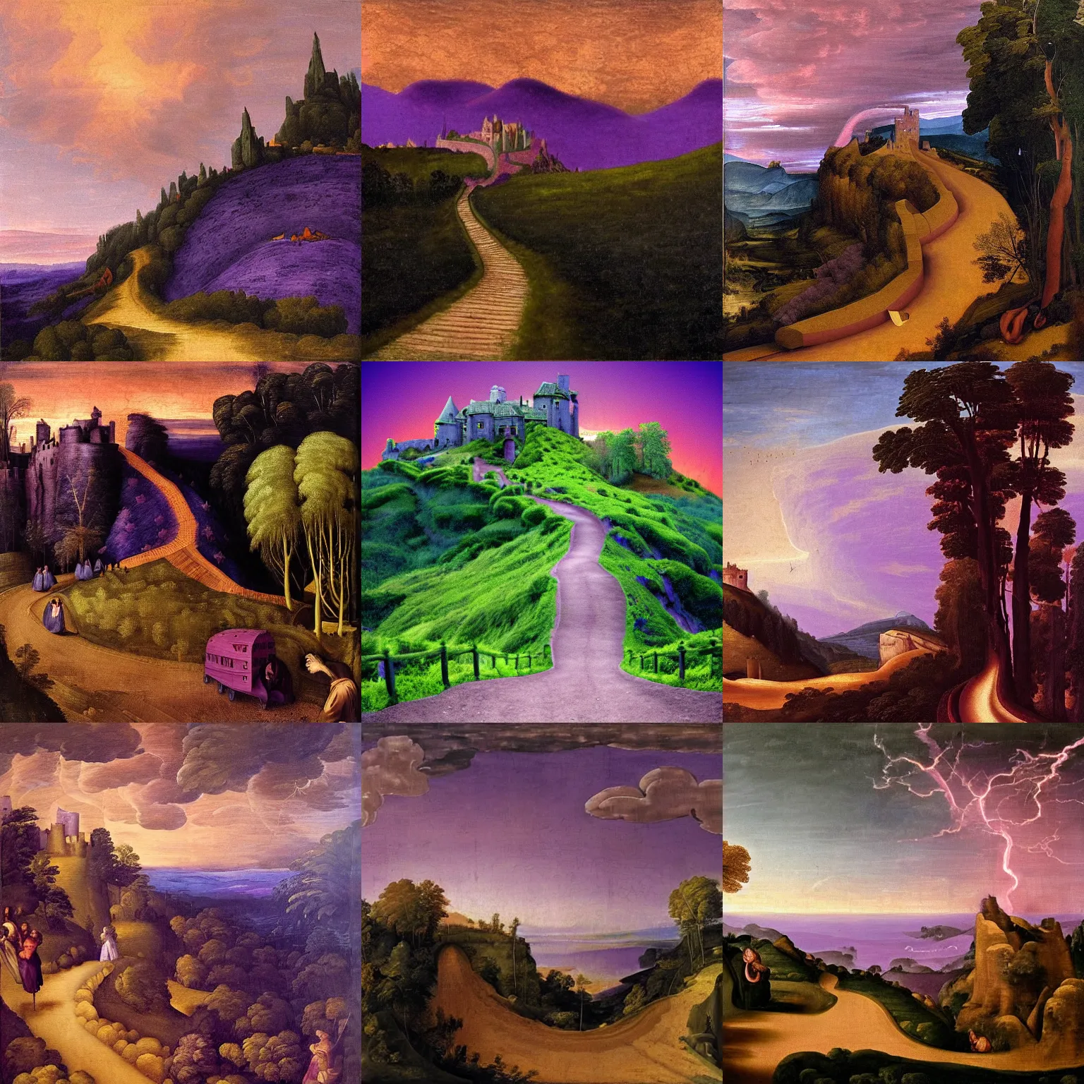 Prompt: renaissance painting of a dark purple steep and zig - zag path. a violet evil fantasy castle over a high dark blue hill at night. orange to pink gradient sky and thunderstorm background. forest underneath. glowing wagon on the path