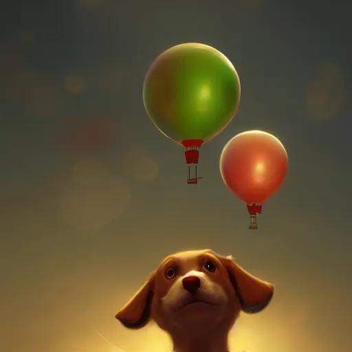 Image similar to puppy high in the air holding balloons, 8k, fantasy, intricate, cinematic lighting, highly detailed, digital painting, artstation, concept art, smooth, sharp focus, illustration, by Pixar