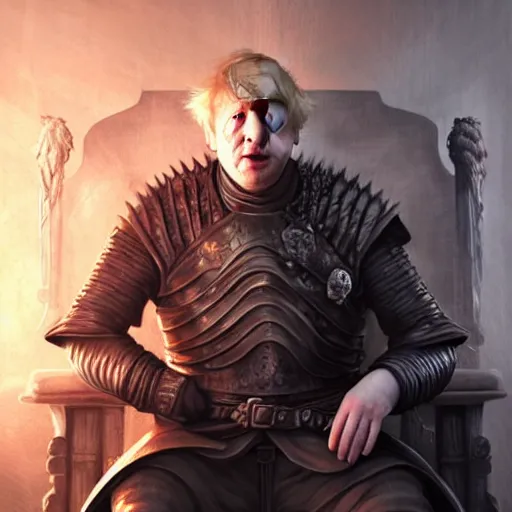 Image similar to boris johnson sitting on the iron throne in game of thrones, anatomy, bathed in light, highly detailed, photorealistic, artstation, smooth, sharp focus, illustration, unreal engine 5, 8 k, art by artgerm and greg rutkowski and edgar maxence