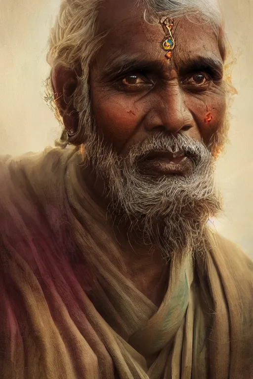 Image similar to hindu citizen, close - up portrait, poor, intricate, elegant, volumetric lighting, scenery, digital painting, highly detailed, artstation, sharp focus, illustration, concept art, ruan jia, steve mccurry