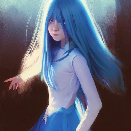 Prompt: a beautiful witch girl with long white hair and in blue witch clothes,by Ilya Kuvshinov,ruan jia‘s color style,trending on artstation