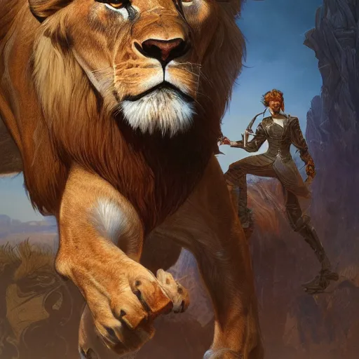 Image similar to william dafoe controlling lions, intricate, highly detailed, digital painting, artstation, concept art, smooth, sharp focus, illustration, unreal engine 5, 8 k, art by artgerm and greg rutkowski and alphonse mucha