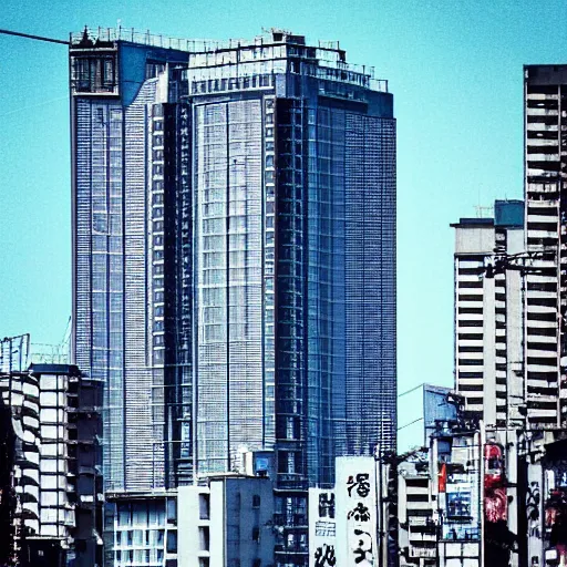 Prompt: “establishing shot of an isolated arasaka tower in Neo-Tokyo. Taller than any other building nearby. 2077 Akira. Photo taken in the style of Wes Anderson 8k”