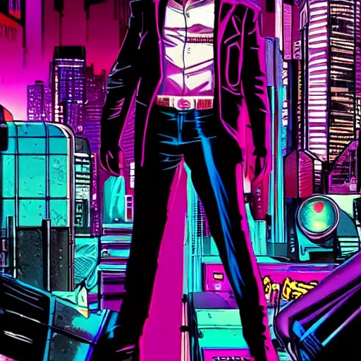 Prompt: a cyberpunk mafia boss with slicked back hair, in a cyberpunk setting, comic book art, cyberpunk, art by stan lee, neon lines, 8 0 s vibe colorful, bright high tech lights, movie still, epic, dramatic, marvel comics, dc comics