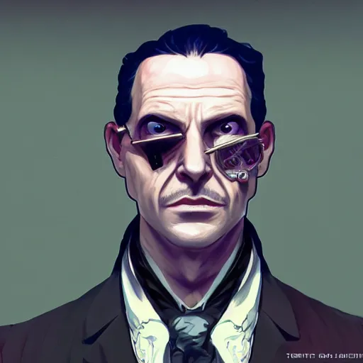Image similar to [UHD Professor Moriarty as a GTA characters on the streets of futuristic steampunk London, correct face, intricate facial details, symmetrical face, elegant, graphic detail, digital painting, trending on artstation, concept art, tonalism, sharp focus, illustration, art by Akira Toriyama and Greg Rutkowski and Alphonse Mucha]
