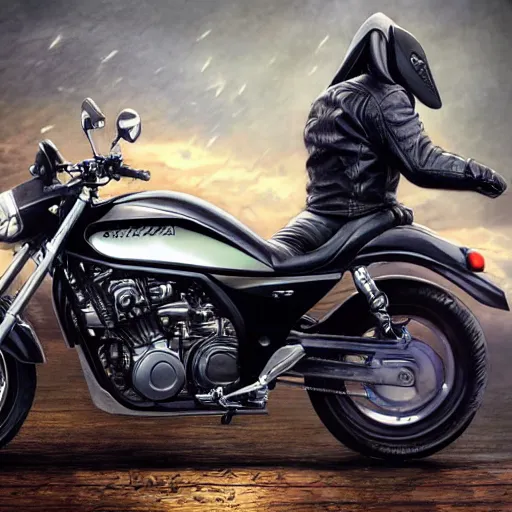 Prompt: a bunny wearing a leather jacket, riding a suzuki dr 6 0 0 motorcycle, highly detailed, digital painting, artstation, concept art, matte, sharp focus, highly detailed, 4 k, hdr, smooth, sharp focus, high resolution, award - winning photo, photorealistic, art by artgerm and greg rutkowski and alphonse mucha, large shot