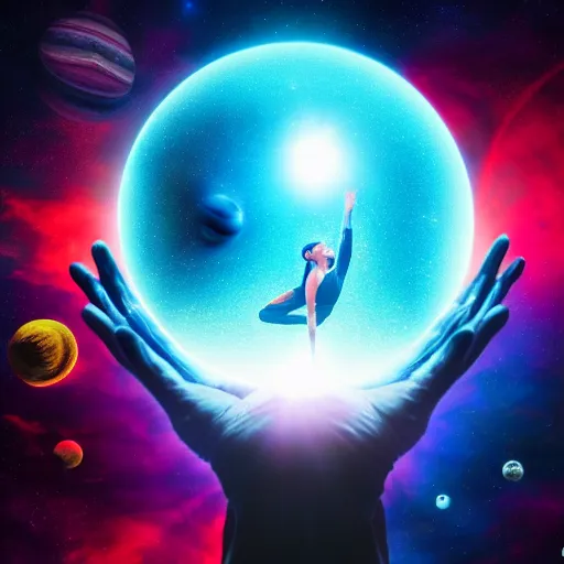 Image similar to yoga instructor holding planet in space, trending high quality art station, cinematic shot, magical colors and atmosphere, perfect composition, coherent, 8 k