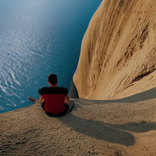 Image similar to man sitting on top peak mountain cliff looking at huge sand tornado