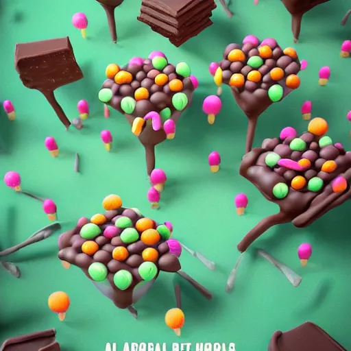 Image similar to A forest of lolipops, chocolate river running, a chocolate fondant in the background, digital art, trending on artstation and unreal engine