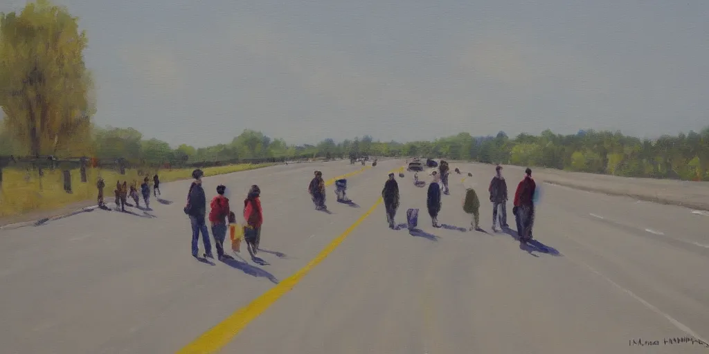 Prompt: People strolling along the highway, Martin Handford painting style.