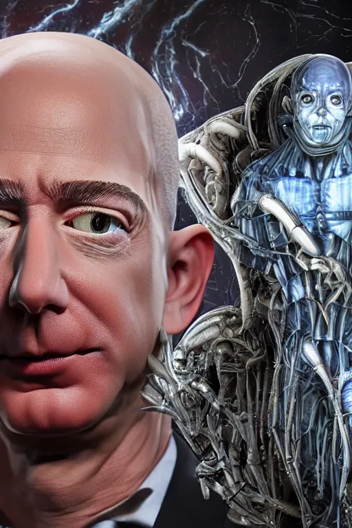 Prompt: jeff bezos as a filthy alien invader with a laser weapon, photorealistic, cinematic lighting, highly detailed, very intricate, by hr giger