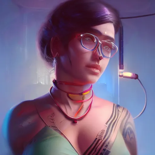 Prompt: thic hindu woman with a futurestic skin tattoo and bio-technical parts and neon light by Artgerm and Greg Rutkowski , digital painting, highly detailed, trending on artstation