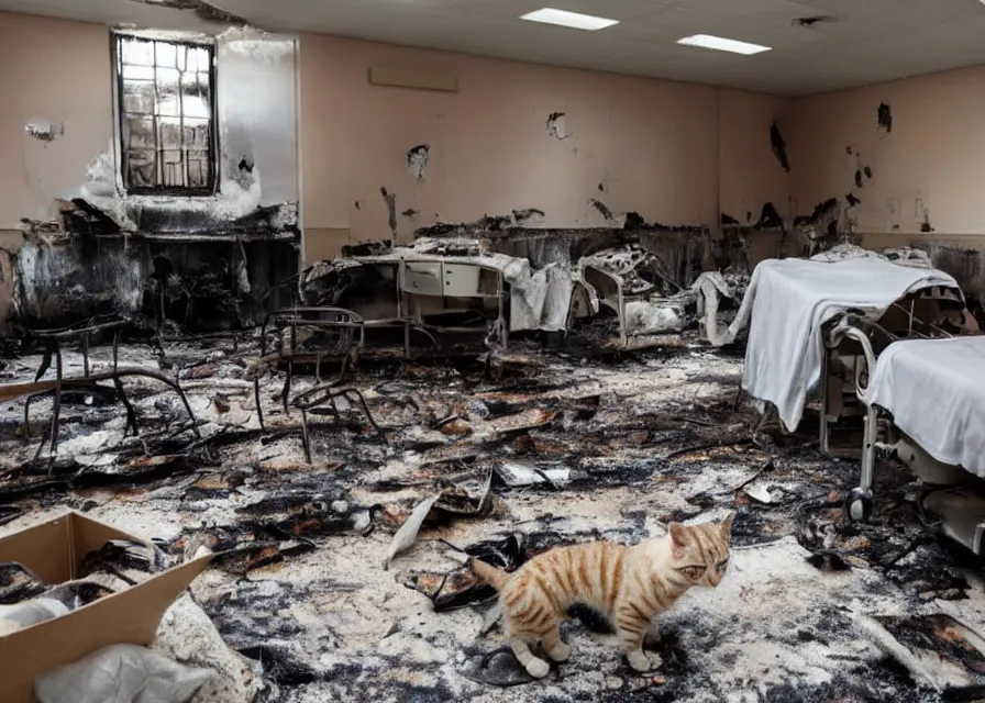 Image similar to a room in a hospital set on fire by an explosion, cats outside of the shelter