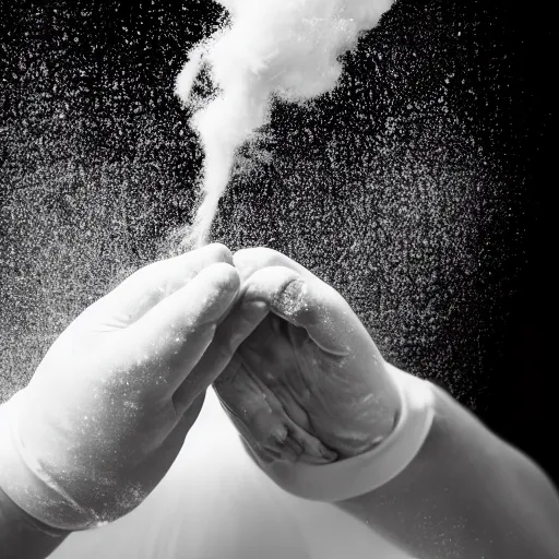 Image similar to a photo of two hands manipulating a smooth dough floating and spinning in the air, black background, flour dust spray, backlit, high quality action photography, studio photo, 50mm