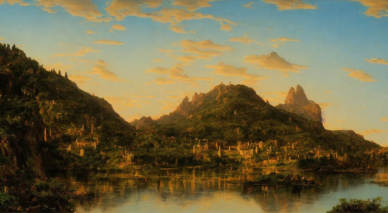 Image similar to a medieval city on the edge of a lake..Landscapes.by Frederic Edwin Church.oil on canvas.4k