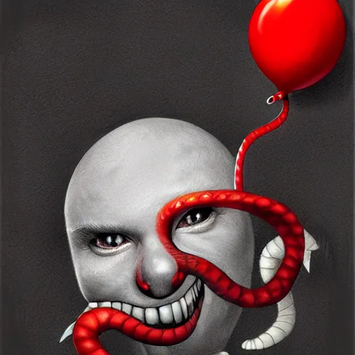 Image similar to surrealism grunge cartoon portrait sketch of a snake with a wide smile and a red balloon by - michael karcz, loony toons style, minecraft style, horror theme, detailed, elegant, intricate