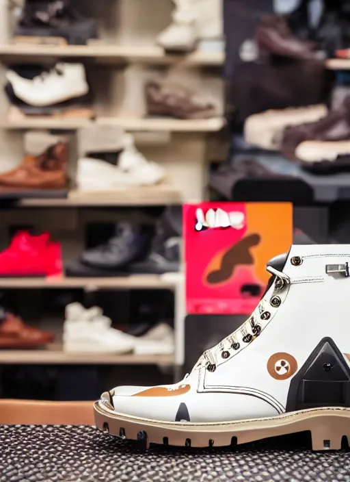 Image similar to hyperrealistic and heavy detailed product photo bape avant garde boots of movie the fifth element, in front of white back drop, whole shoe is in picture, leica sl 2 5 0 mm, vivid color, high quality, high textured, real life