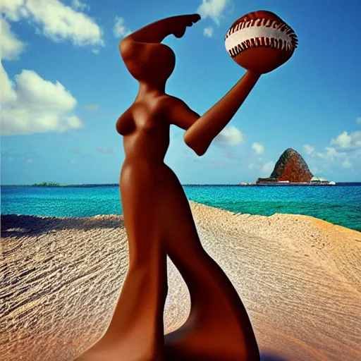 Prompt: digital art, trending on artstation, cycladic statue of a woman playing baseball, on a caribbean beach, a pirate ship in the background