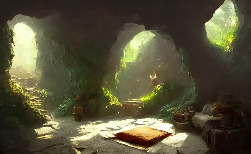 Image similar to painting of an interior of a cozy bedroom in a cave, natural light, fantasy, lush plants and flowers, natural light, concept art, by greg rutkowski and craig mullins, cozy atmospheric and cinematic lighting, trending on artstation