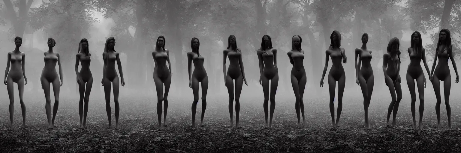 Prompt: epic fantasy render of a five skinny girls body, no clothes, long dark hairs, different poses, woods, black fog, black and white, highly detailed, cinematic, hyperrealism, dynamic lighting, up light, octane render