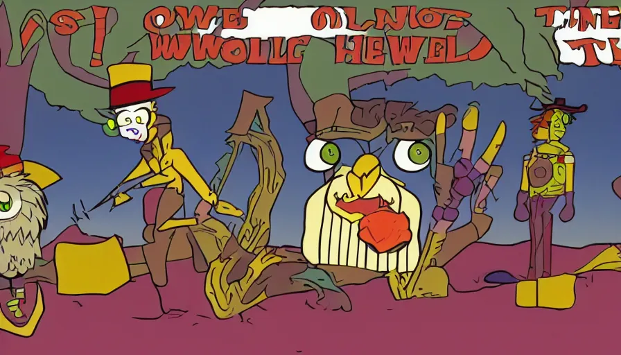 Image similar to 1990s cartoon show screenshot from the animated show an Owl dressed up as the lone ranger in the wild west