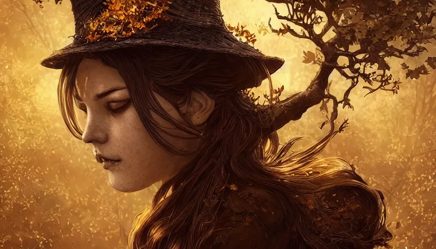 Image similar to golden leaves at frame border, creative!!! composition for a book cover!!!, absurdly beautiful, ultrafine hyperrealistic detailed old witch face by wlop and artgerm and greg rutkowski, intricate linework, sharp focus, smooth, octopath traveler, final fantasy, unreal engine, dramatic lighting, ethereal, 8 k