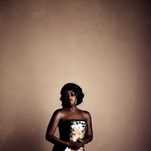 Image similar to portrait photograph of an glamorous black woman wearing a dress in a ballroom. super resolution. 85 mm f1.8 lens.bokeh.graflex. Alessio albi