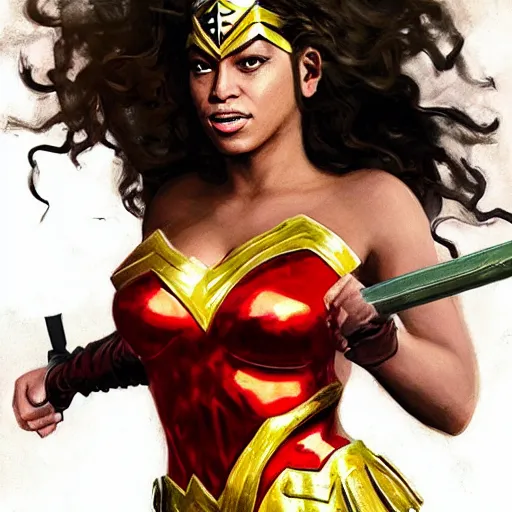 Prompt: Buxom Beyonce as Wonder woman, by Ruan Jia.