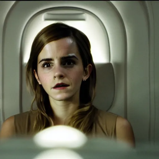 Prompt: emma watson, inside airplane, film still, low contrast,