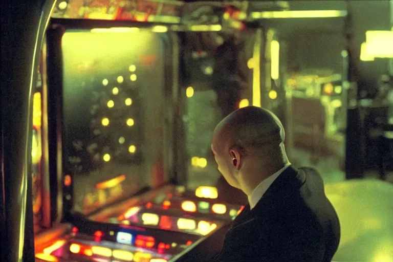 Image similar to pitbull using a computer while trapped in a pinball machine, over the shoulder perspective, in 1 9 8 5, y 2 k cybercore, industrial low - light photography, still from a kiyoshi kurosawa movie