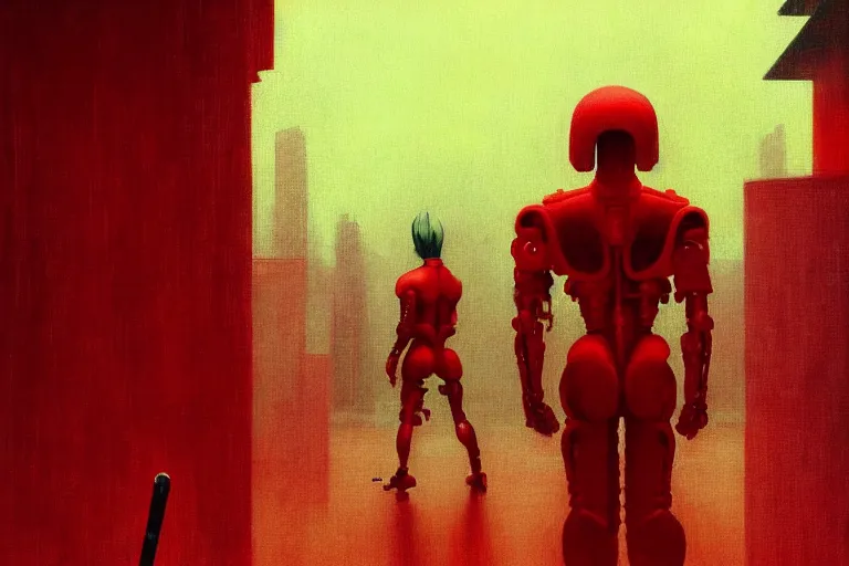 Image similar to only with red, a red cyborg samurai, tokio futuristic in background, some evil yokai fight, in the style of beksinski, parts by edward hopper, parts by rodcenko, parts by yue minjun, intricate and epic composition, red by caravaggio, insanely quality, highly detailed, masterpiece, red light, artstation, 4 k