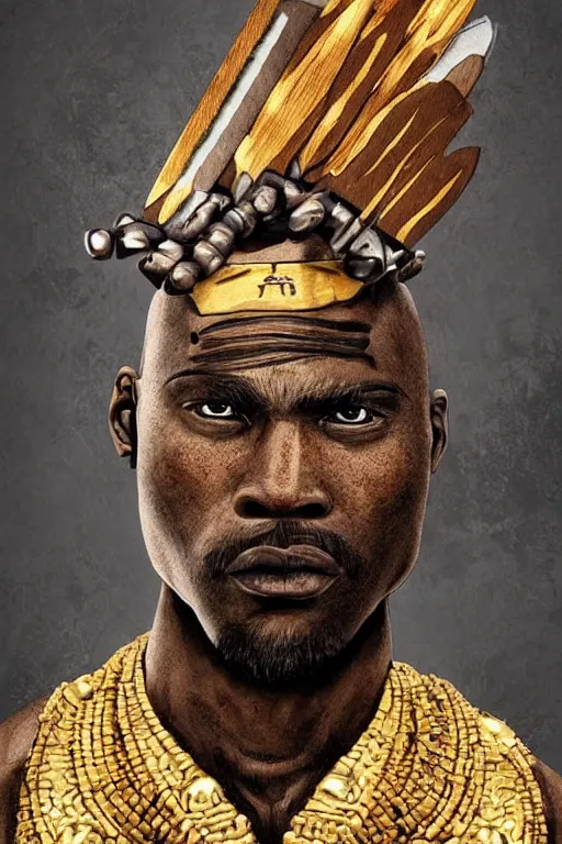 Prompt: Ogun holding his knives poised for battle, an ancient orisha the African Warrior God of Craftsmen and Hunters, bronze-brown skin with masculine features - strong jaw line, bald head and menacing look, tribal markings with golden and jeweled adornments, medium shot digital illustration trending on artstation by artgerm and raphaelite, face by wlop, detailed and concise
