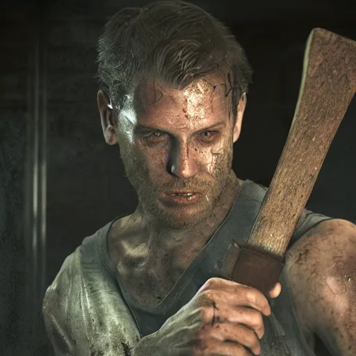 Image similar to jack baker from resident evil 7 ( 2 0 1 7 ) wielding axe, cinematic lighting, eerie atmosphere, re engine render, photorealistic face