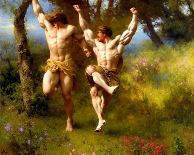 Image similar to muscular hercules and muscular achilles frolic in a meadow of beautiful flowers, a pegasus soars above them, painting by gaston bussiere, craig mullins, j. c. leyendecker,