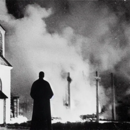 Prompt: photograph of a small protestant church burning, john paul ii standing in front of it, night, pitch black