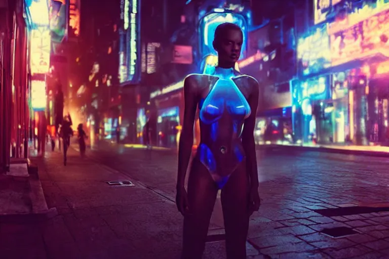 Image similar to VFX movie portrait closeup beautiful blade runner giant hologram woman glowing translucent skin, natural night street lighting in the city alley by Emmanuel Lubezki