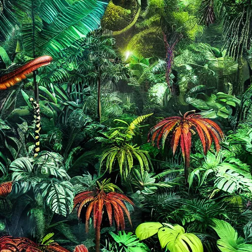 Prompt: hyper realistic photo of an alien jungle with exotic and colorful alien plants, realistic, alien planet, outworldy, scifi