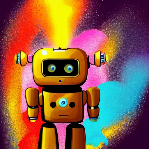 Image similar to a cute little robot at a centered explosion of colorful powder on background by maxvanzwerg