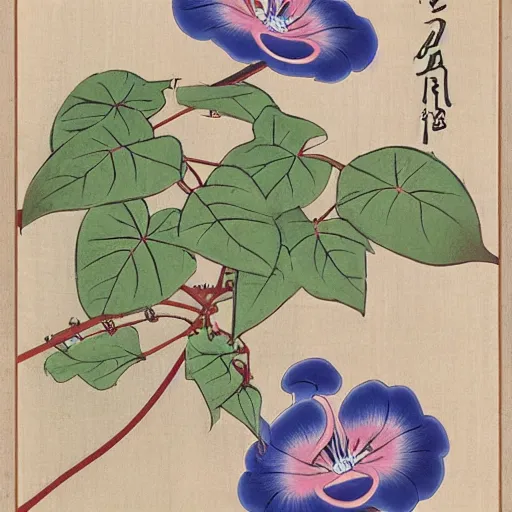 Image similar to ukiyo-e of a morning glory vine in bloom