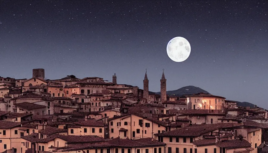 Prompt: italy historical sites at night with moon, by hasui kawase, silent, loneliness, artstation, cinematic composition, high brightness