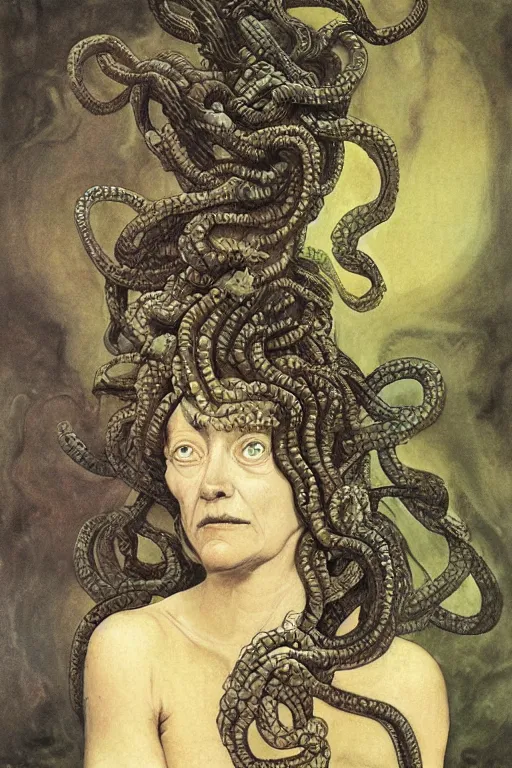 Image similar to portrait of Medusa from Greek mythology, as an old mean woman, with snakes for hair, Francisco Goya painting, part by Beksiński and EdvardMunch, part by Takato Yamamoto and Peter Mohrbacher, Francis Bacon masterpiece