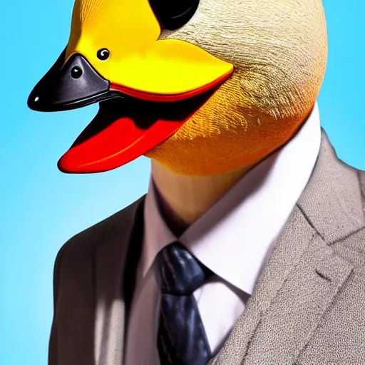 Image similar to a high detail photo of a man with a duck's head wearing a suit, antropomorphic, photorealism