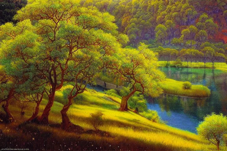 Image similar to masterpiece painting of oak trees on a hillside overlooking a creek, dramatic lighting, by victor nizovtsev