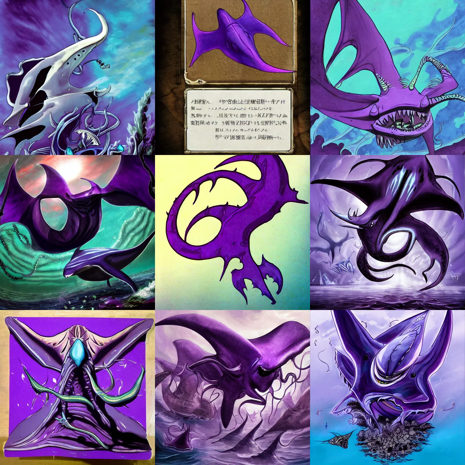 Prompt: purple manta ray kaiji, eldritch horrors, leviathan monsters, fantasy realism