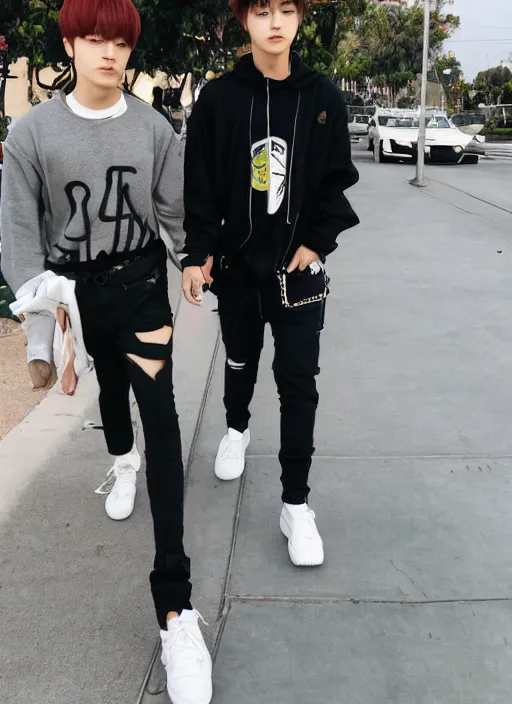 Prompt: photo of PARK JIMIN walking in LA with his boyfriend YOONGI