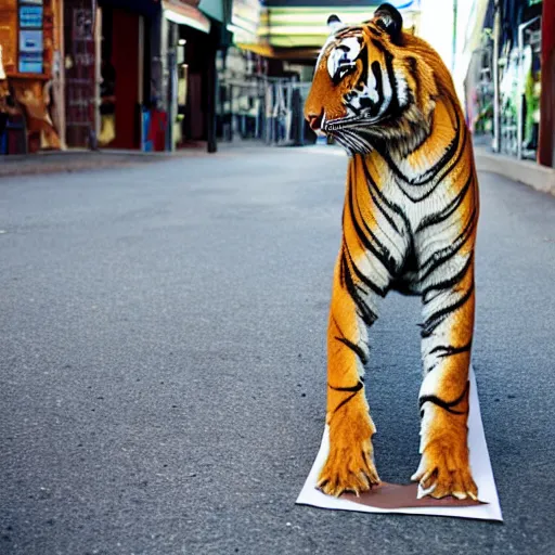 Prompt: photo of tiger with paper bag stuck over its head, in busy street