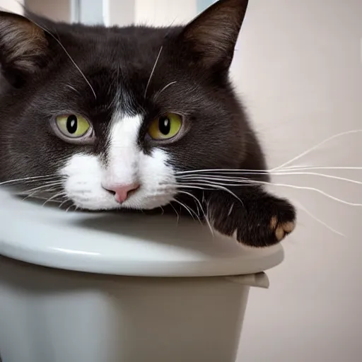Prompt: a cat drinking out of the toilet
