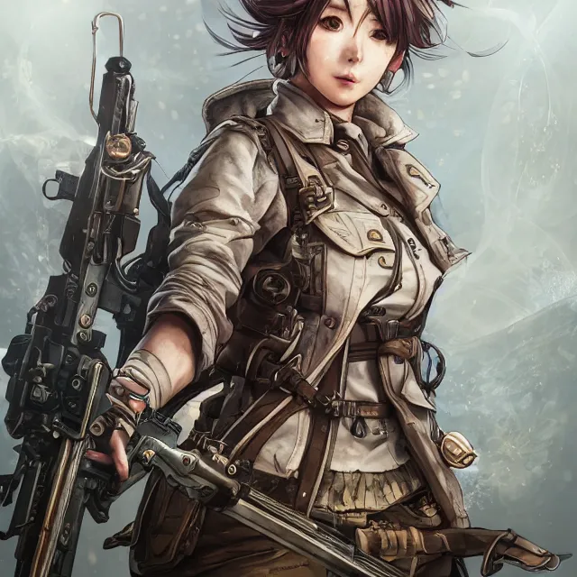 Image similar to the portrait of lawful neutral semi - colorful female infantry gunner as absurdly beautiful, gorgeous, elegant, young anime woman, an ultrafine hyperdetailed illustration by kim jung gi, irakli nadar, intricate linework, bright colors, octopath traveler, final fantasy, unreal engine 5 highly rendered, global illumination, radiant light, detailed and intricate environment