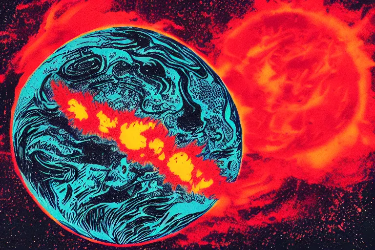 Image similar to flames surrounding planet earth in space,linocut, moody, colorful,Karolis Strautniekas, Mads Berg, stippled light, dramatic lighting,editorial illustration, detailed,fine texture, matte print,dynamic composition,risograph, lomography