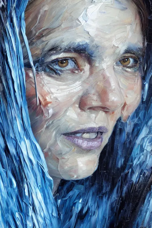 Image similar to palette knife oil painting portrait dr krystal knight, woman, late 4 0 s, eyes filled with icy hate, extreme detail, artstation trending, ice, cold, freezing, blue, artgerm, any racial background, deviant art, octane, substance, art history 8 k